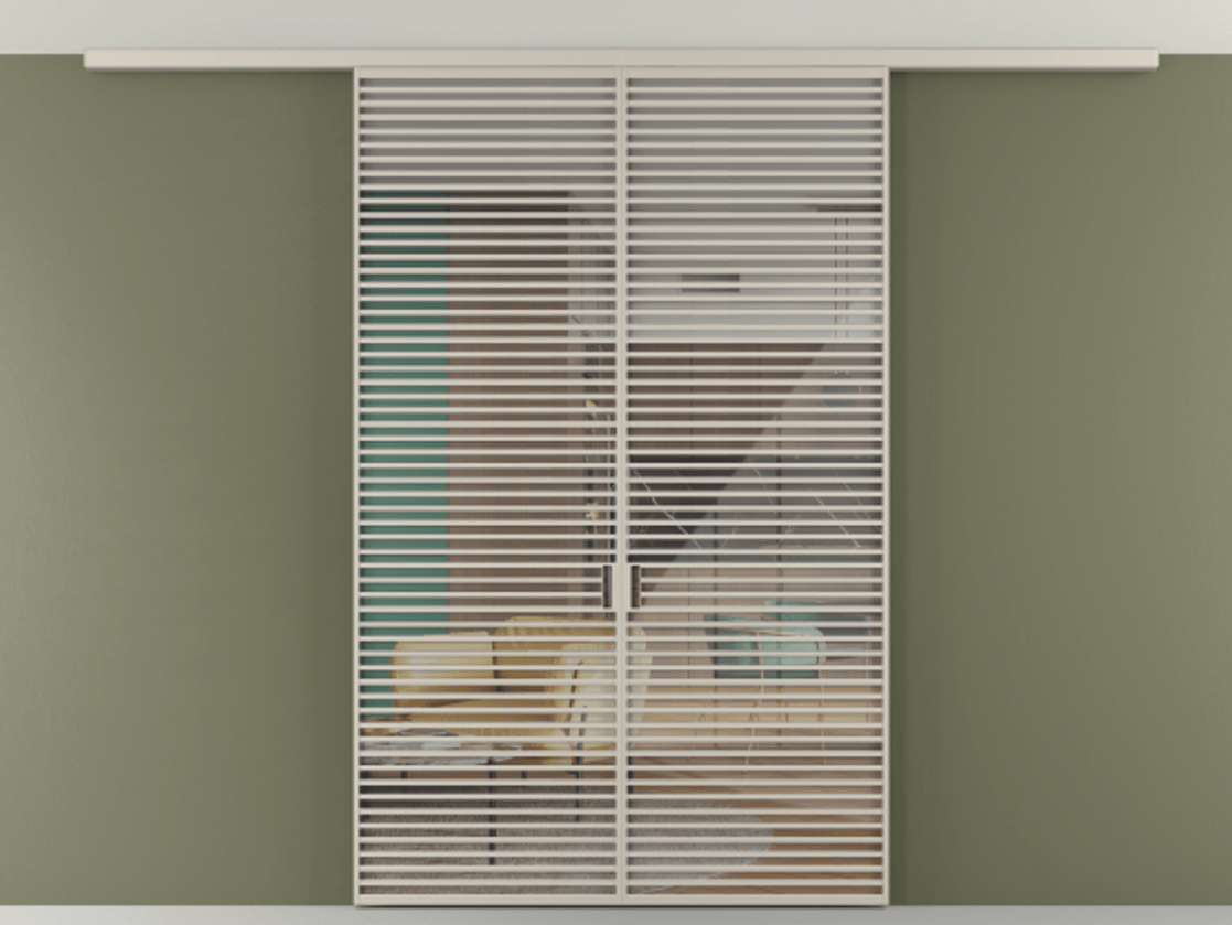 Перегородка Формато вдоль стены на потолок 2 створки АЛПР 040.07 Алюминий светло-бежевый Рефлективное прозрачное стекло "Стопсол", калёное Цена 20330 Br | Volhovec