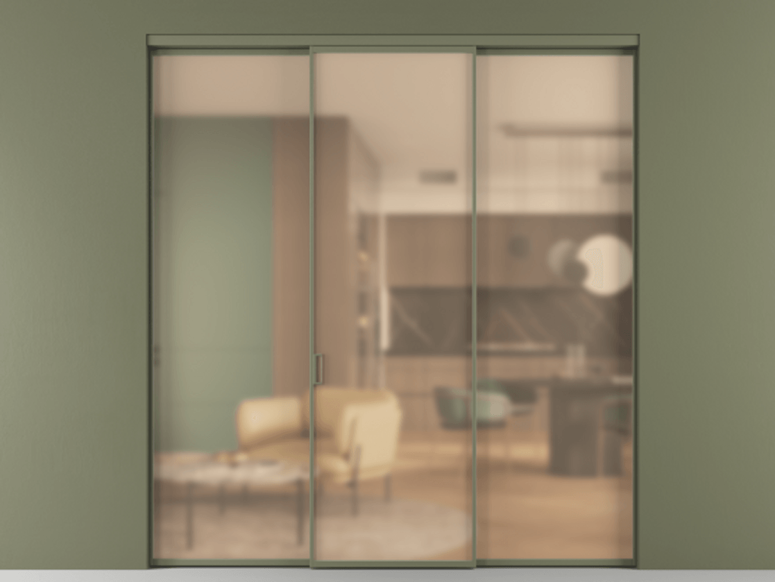 Перегородка Formato внутри проёма 3 створки АЛПР 040.01 Алюминий оливковый тёмный Сатинированное оранжевое стекло, триплекс Цена 12000 Br | Volhovec