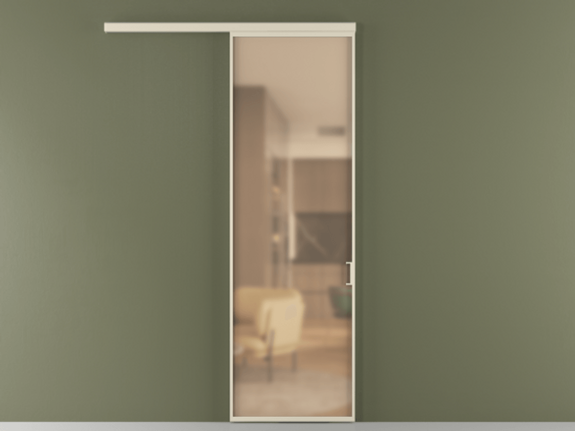 Перегородка Формато вдоль стены 1 створка АЛПР 040.01 Алюминий бежево-серый Сатинированное оранжевое стекло, триплекс Цена 5400 Br  | Volhovec