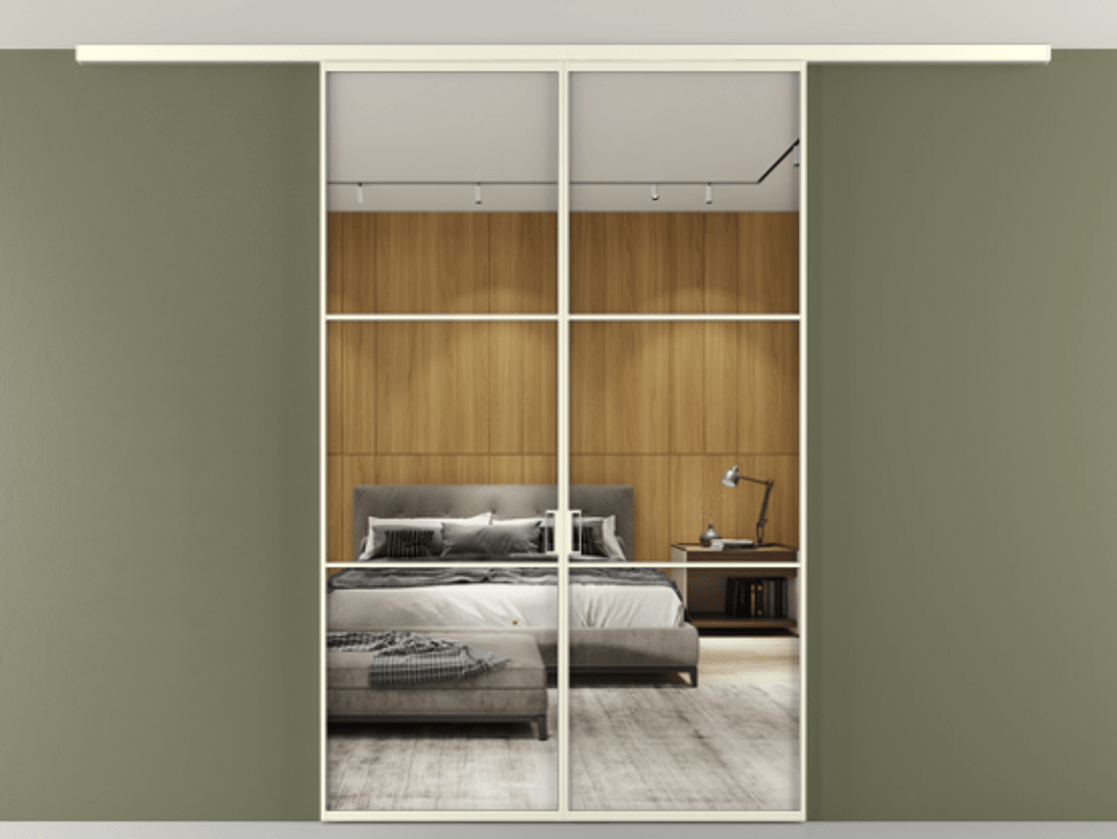 Перегородка Формато вдоль стены на потолок 2 створки АЛПР 040.03 Алюминий молочно-белый Двустороннее зеркало, триплекс , триплекс 6 мм Цена 12190 Br | Volhovec