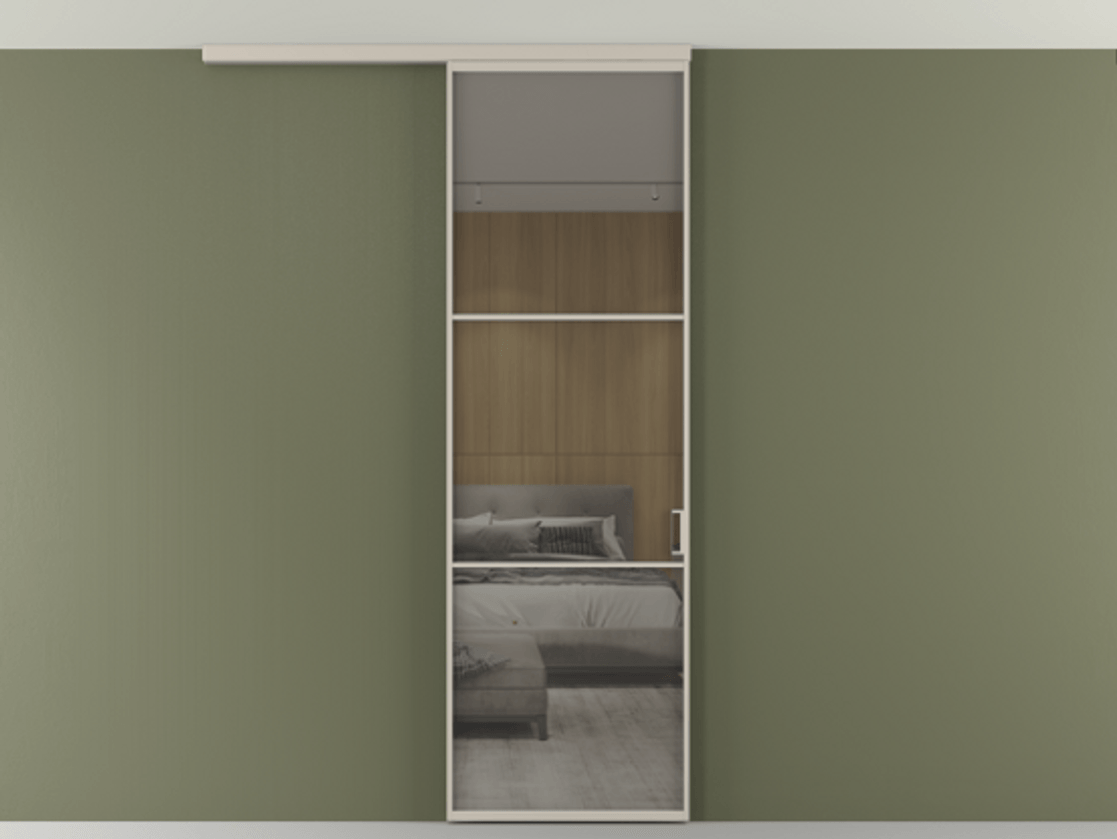 Перегородка Формато вдоль стены на потолок 1 створка АЛПР 040.03 Алюминий светло-бежевый Рефлективное серое стекло "Стопсол", калёное Цена 5740 Br | Volhovec