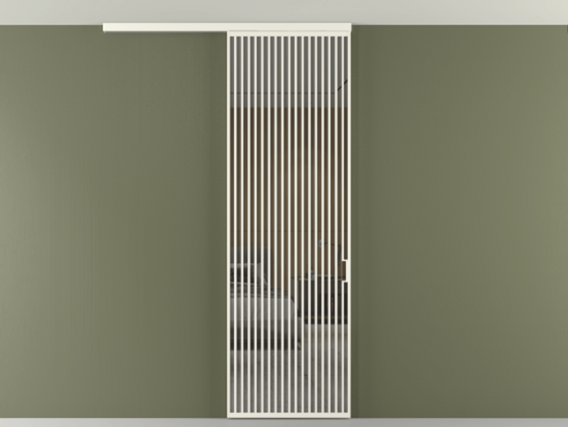 Перегородка Формато вдоль стены на потолок 1 створка АЛПР 040.06 Алюминий жемчужный Рефлективное серое стекло "Стопсол", калёное Цена 12470 Br | Volhovec