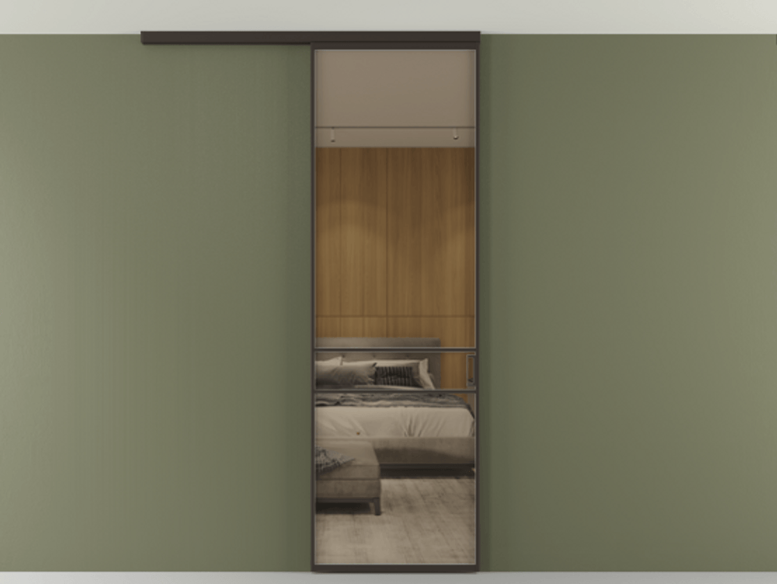 Перегородка Formato вдоль стены на потолок 1 створка АЛПР 040.02 Алюминий антрацит Рефлективное бронзовое стекло "Stopsol", калёное Цена 6711 Br | Volhovec