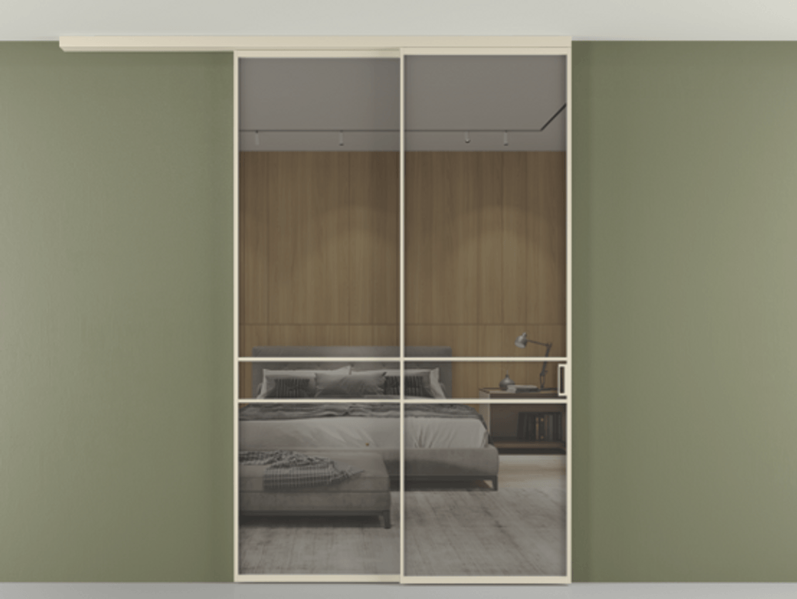 Перегородка Формато вдоль стены на потолок 2 створки с синхронным механизмом АЛПР 040.02 Алюминий бежево-серый Рефлективное серое стекло "Стопсол", калёное Цена 17480 Br | Volhovec