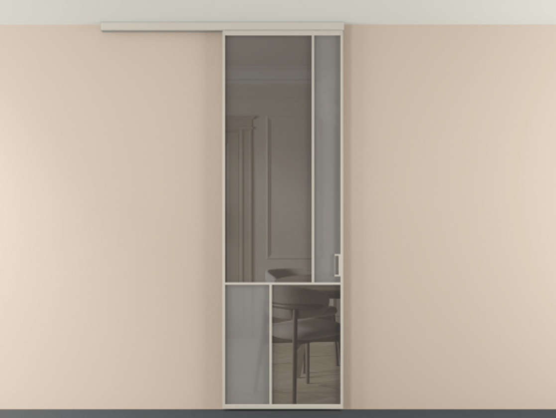 Перегородка Мозаик вдоль стены на потолок 1 створка АЛПР 041.21 Алюминий светло-бежевый Сатинированное серое стекло, триплекс, 6 мм + Прозрачное серое стекло, триплекс Цена 7220 Br | Volhovec