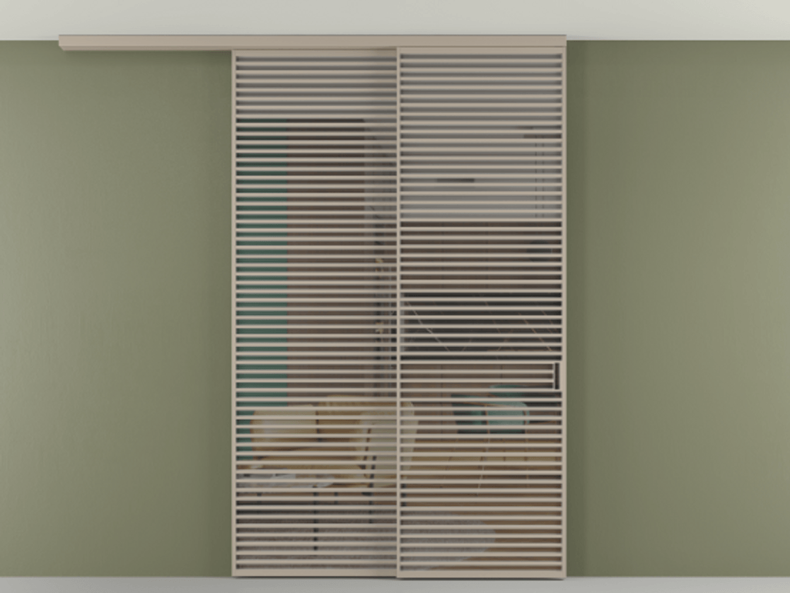 Перегородка Formato вдоль стены на потолок 2 створки с синхронным механизмом АЛПР 040.07 Алюминий бисквитный Прозрачное серое стекло, триплекс Цена 23070 Br | Volhovec