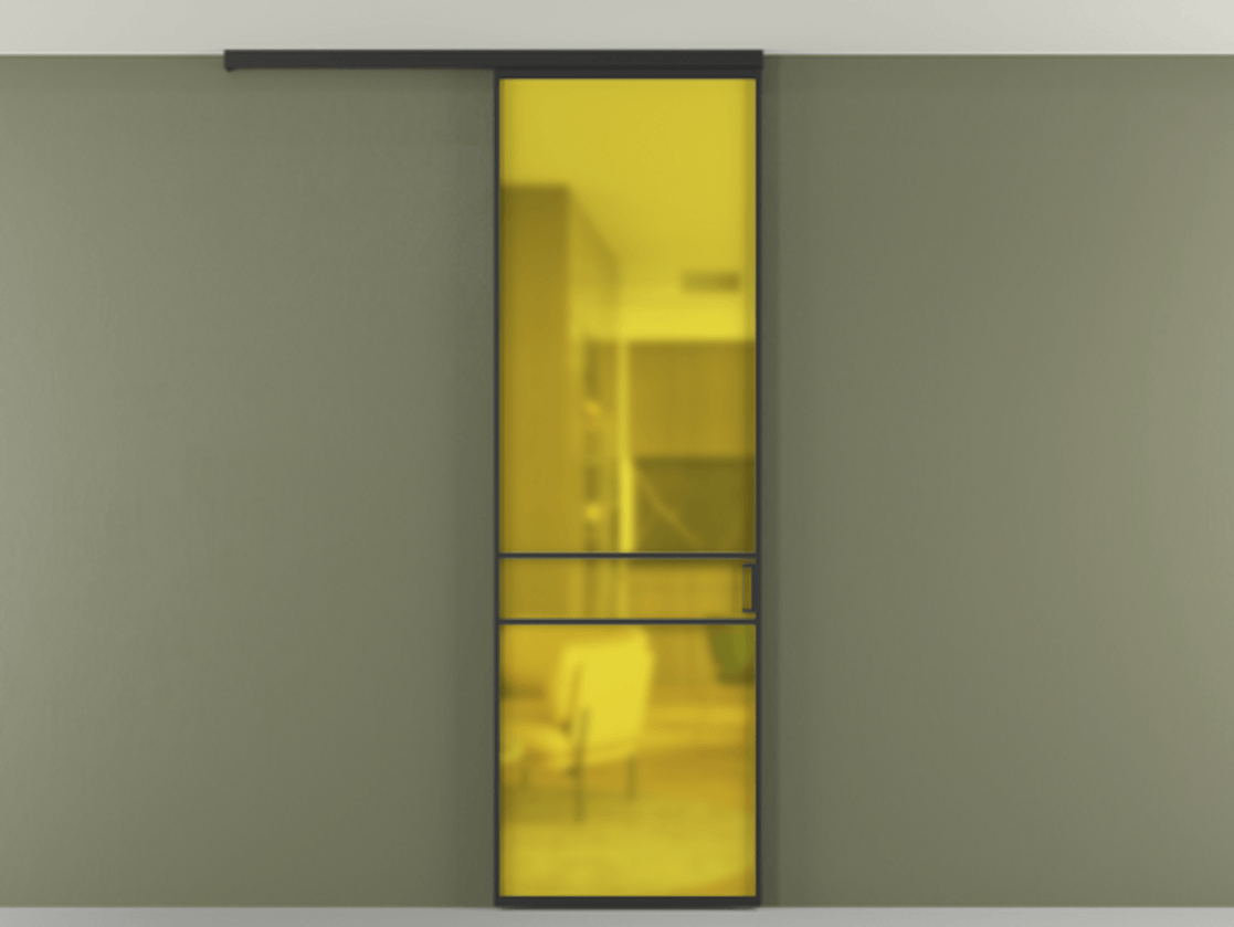 Перегородка Formato вдоль стены на потолок 1 створка АЛПР 040.02 Алюминий Черный Сатинированное жёлтое стекло, триплекс Цена 5200 Br | Volhovec