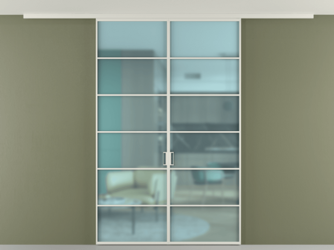 Перегородка Формато вдоль стены на потолок 2 створки АЛПР 040.04 Алюминий Белый Сатинированное голубое стекло, триплекс Цена 10300 Br | Volhovec