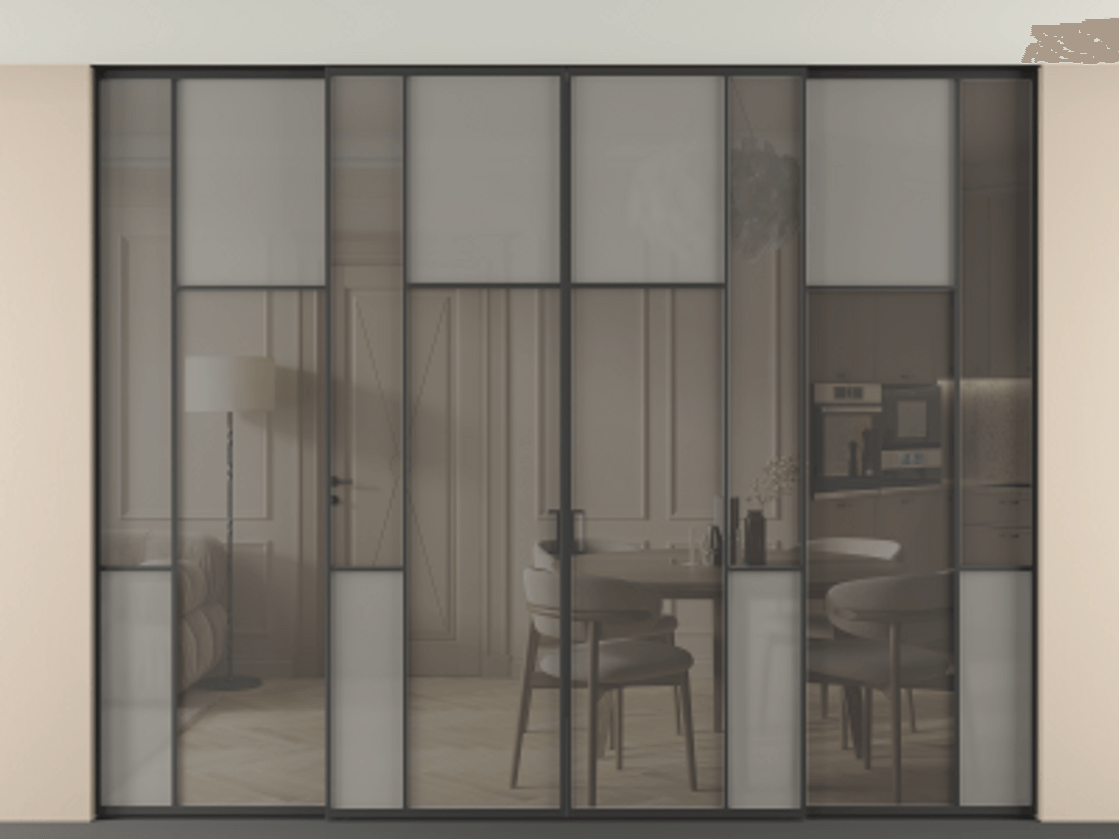 Перегородка Mosaic внутри проёма скрытое крепление в потолок 4 створки АЛПР 041.10 Алюминий Черный Сатинированное серое стекло, триплекс, 6 мм + Прозрачное серое стекло, триплекс Цена 30700 Br | Volhovec