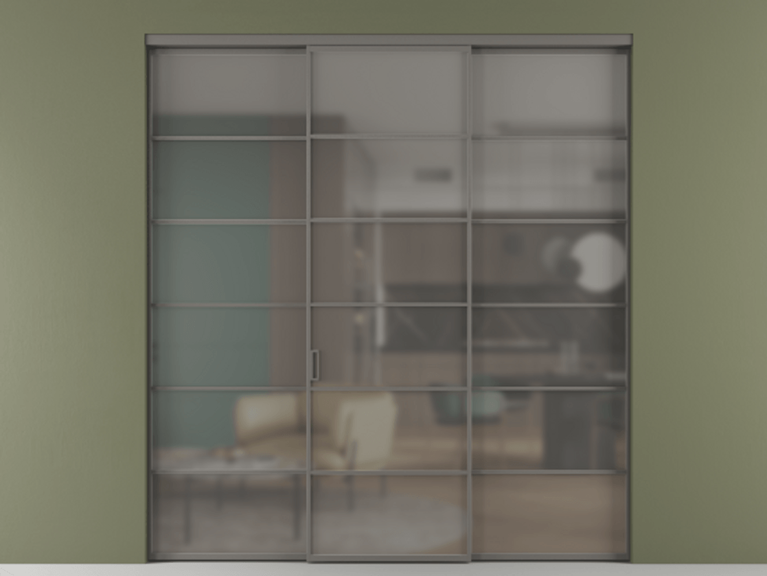 Перегородка Formato внутри проёма 3 створки АЛПР 040.04 Алюминий классический серый Сатинированное серое стекло, триплекс Цена 14290 Br | Volhovec