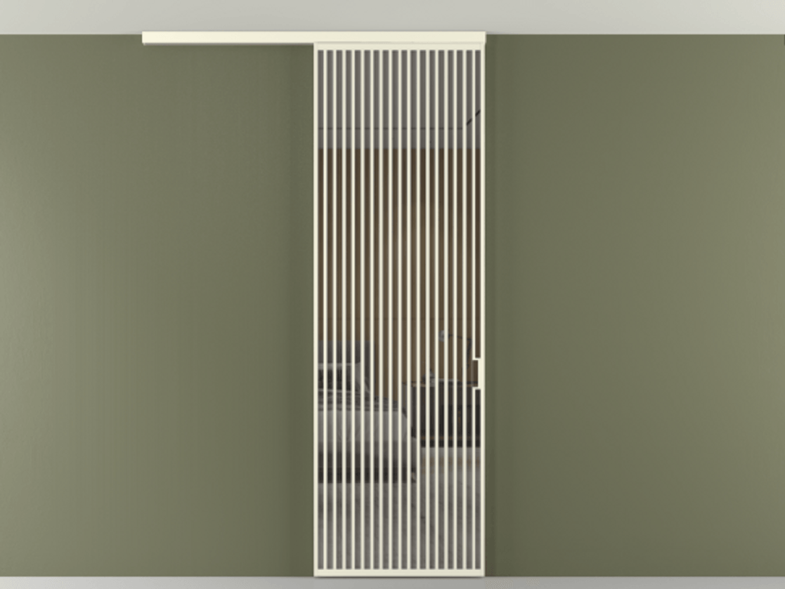 Перегородка Formato вдоль стены на потолок 1 створка АЛПР 040.06 Алюминий молочно-белый Рефлективное серое стекло "Стопсол", калёное Цена 12470 Br | Volhovec