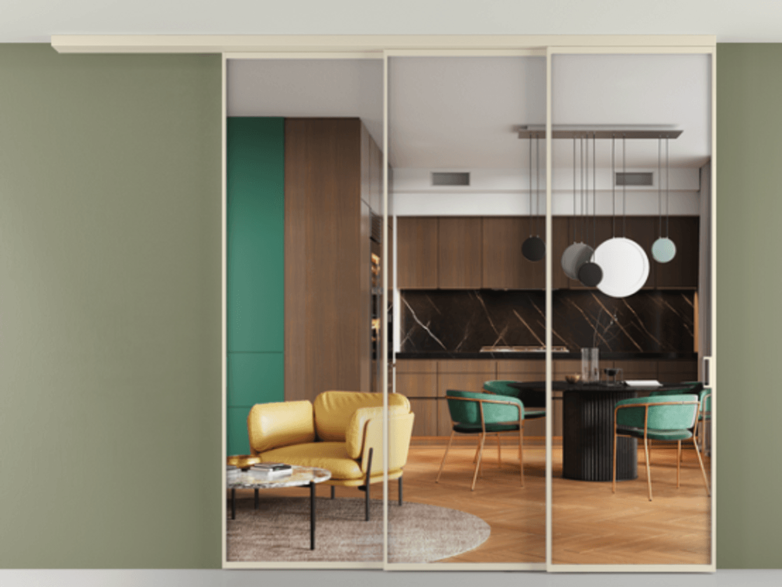 Перегородка Формато вдоль стены на потолок 3 створки с синхронным механизмом АЛПР 040.01 Алюминий бежево-серый Прозрачное стекло "Кристал Вижн", калёное Цена 24170 Br | Volhovec