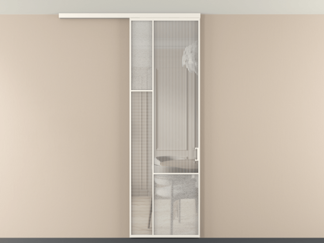 Перегородка Мозаик вдоль стены на потолок 1 створка АЛПР 041.13 Алюминий пудровый белый Рифлёное стекло "Дюна", триплекс, 6 мм + Фактурное стекло "Лёд", триплекс Цена 7650 Br | Volhovec