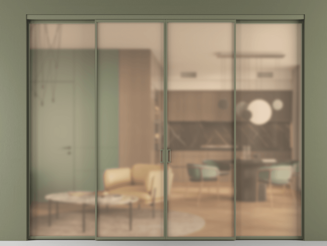 Перегородка Formato внутри проёма 4 створки АЛПР 040.01 Алюминий оливковый тёмный Сатинированное оранжевое стекло, триплекс Цена 17100.8937 Br  | Volhovec