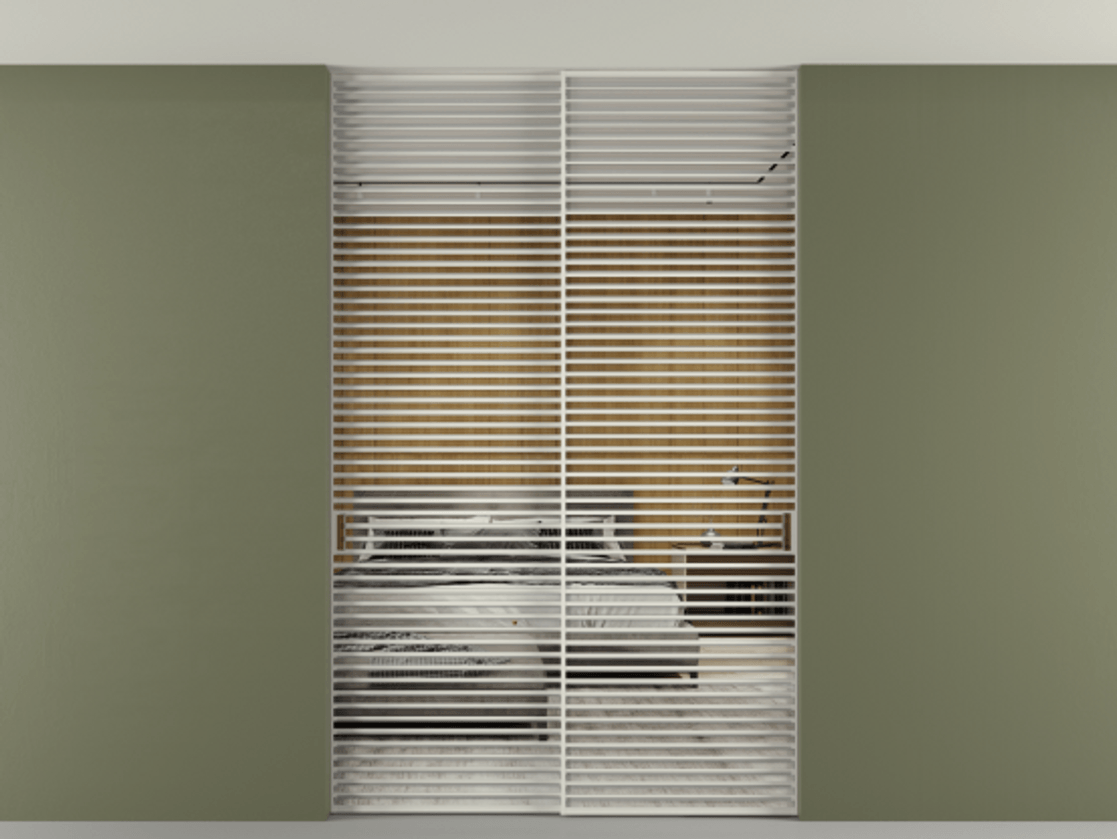 Перегородка Formato внутри проёма скрытое крепление в потолок 2 створки АЛПР 040.07 Алюминий Белый Двустороннее зеркало, триплекс , триплекс 6 мм Цена 22150 Br | Volhovec