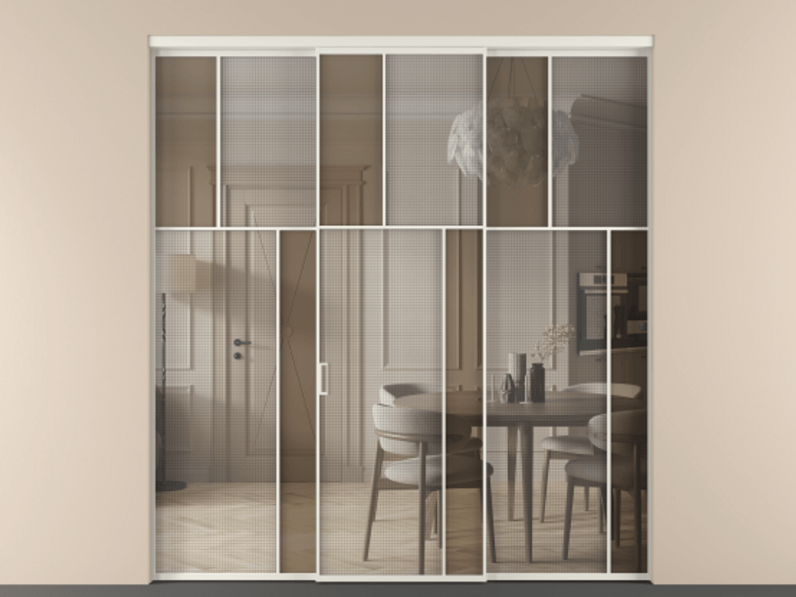 Перегородка Mosaic внутри проёма трёхстворчатая АЛПР 041.23 Алюминий Белый Mesh silver + Бронза прозрачное триплекс Цена 17450 Br | Volhovec
