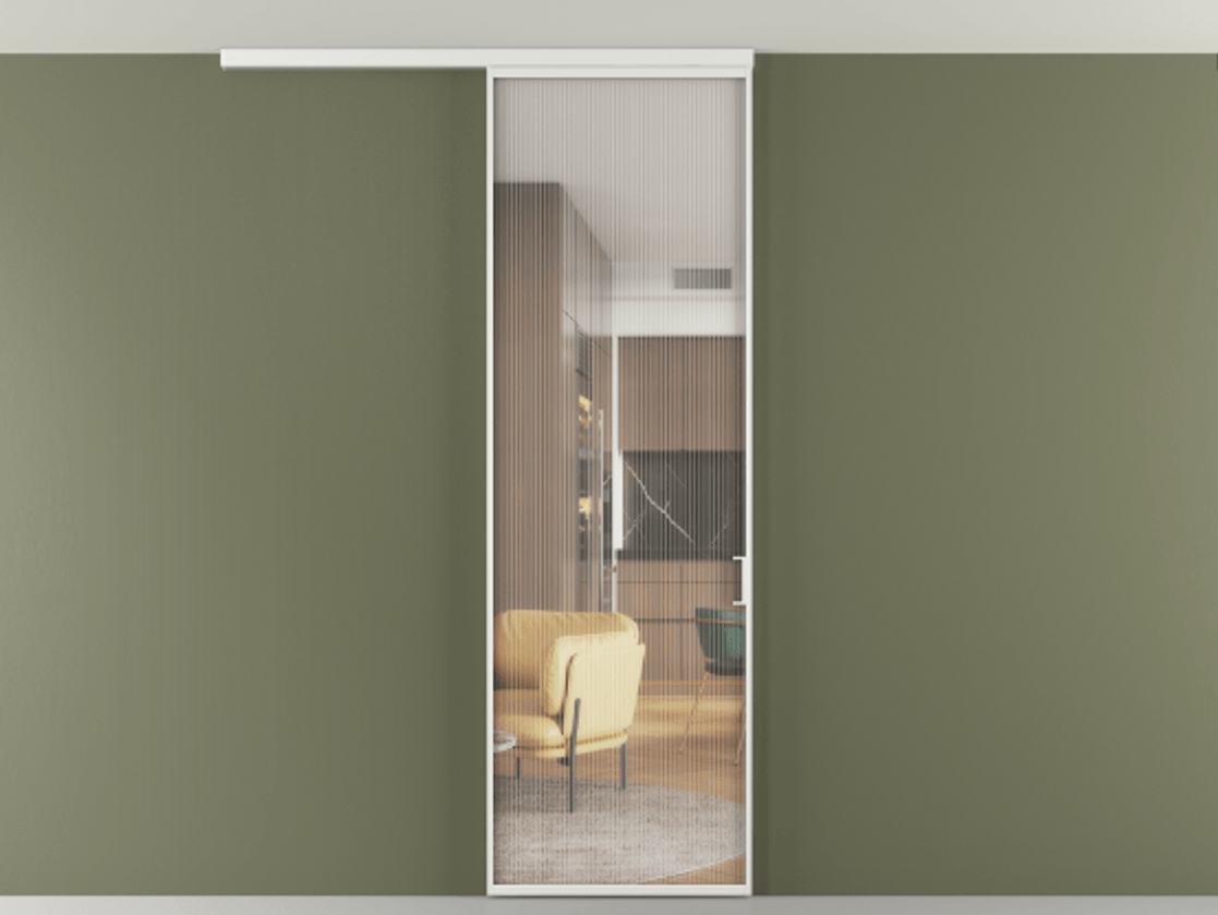 Перегородка Формато вдоль стены на потолок 1 створка АЛПР 040.01 Алюминий белоснежный Рифлёное стекло "Мору", триплекс Цена 5260 Br | Volhovec