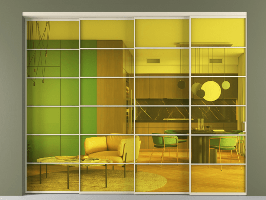 Межкомнатная дверь New Перегородка Formato внутри проёма телескопик синхро 3 АЛПР 040.04 Алюминий бежево-серый Прозрачное жёлтое стекло, триплекс Цена 26100  | Volhovec