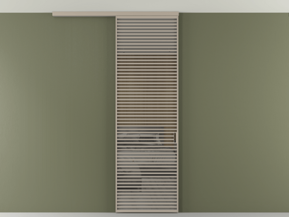 Перегородка Формато вдоль стены на потолок 1 створка АЛПР 040.07 Алюминий бисквитный Рефлективное серое стекло "Стопсол", калёное Цена 12470 Br | Volhovec