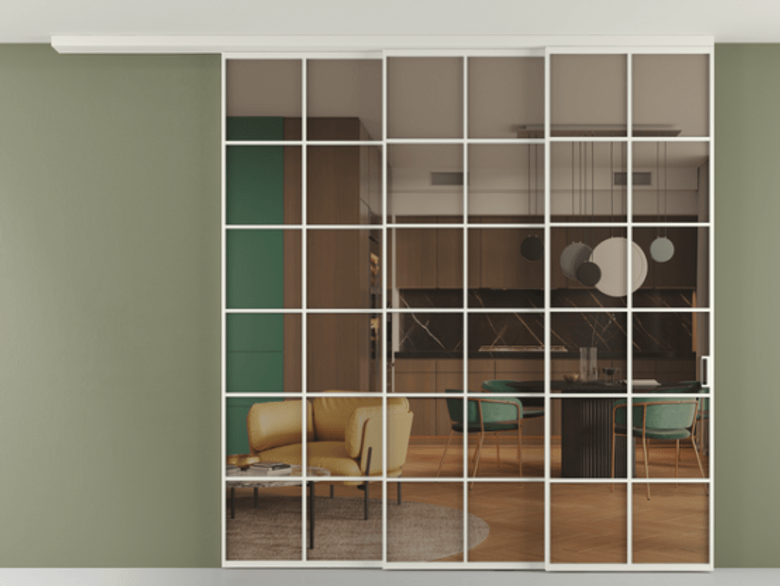 Перегородка Формато вдоль стены на потолок 3 створки с синхронным механизмом АЛПР 040.05 Алюминий Белый Прозрачное бронзовое стекло, триплекс Цена 20520 Br | Volhovec