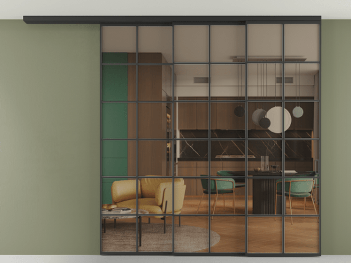 Перегородка Формато вдоль стены на потолок 3 створки с синхронным механизмом АЛПР 040.05 Алюминий Черный Прозрачное бронзовое стекло, триплекс Цена 20520 Br | Volhovec