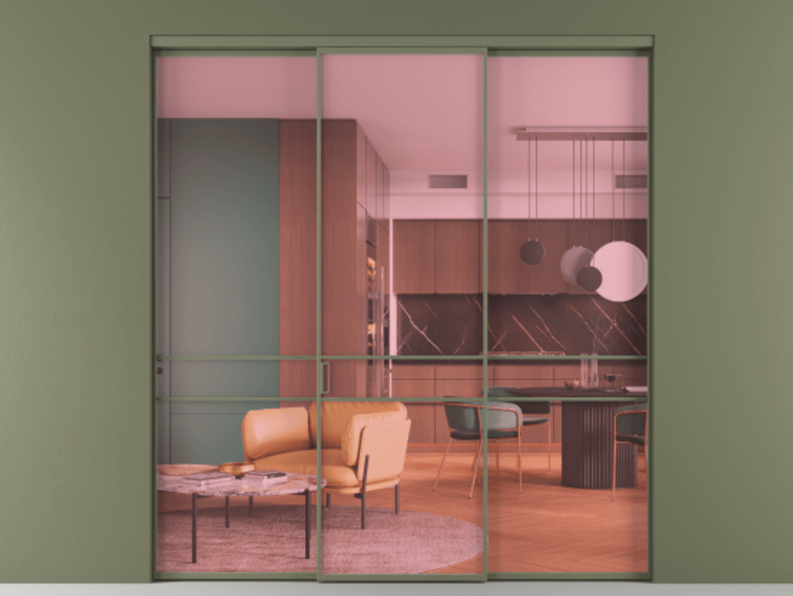 Перегородка Formato внутри проёма 3 створки АЛПР 040.02 Алюминий оливковый тёмный Прозрачное розовое стекло, триплекс Цена 12700 Br | Volhovec