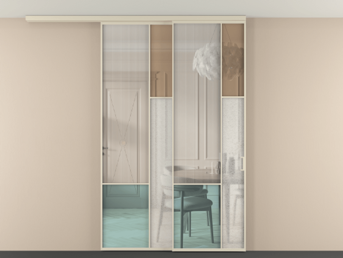 Перегородка Mosaic вдоль стены на потолок телескопик синхро 2 АЛПР 041.12 Алюминий бежево-серый Комбинация стекол Группы 1 и Группы 3 Цена 17500 Br | Volhovec