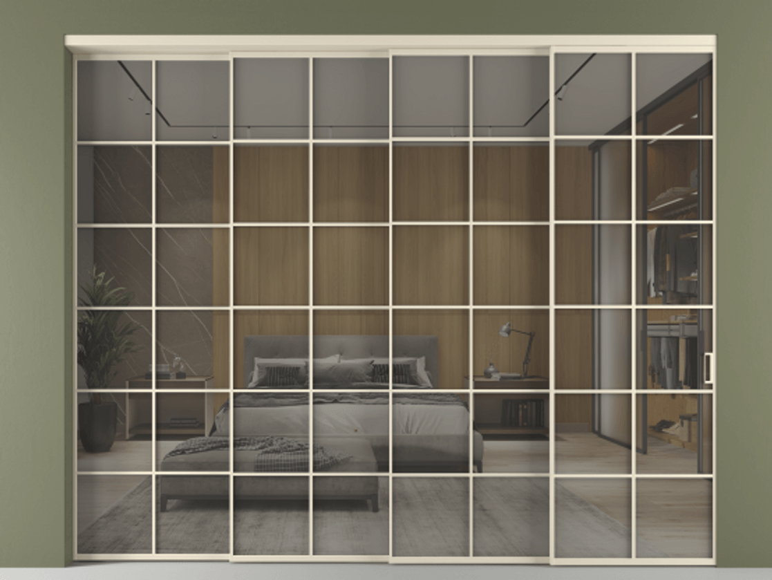 Перегородка Формато внутри проёма 4 створки с синхронным механизмом АЛПР 040.05 Алюминий бежево-серый Рефлективное серое стекло "Стопсол", калёное Цена 27500 Br | Volhovec