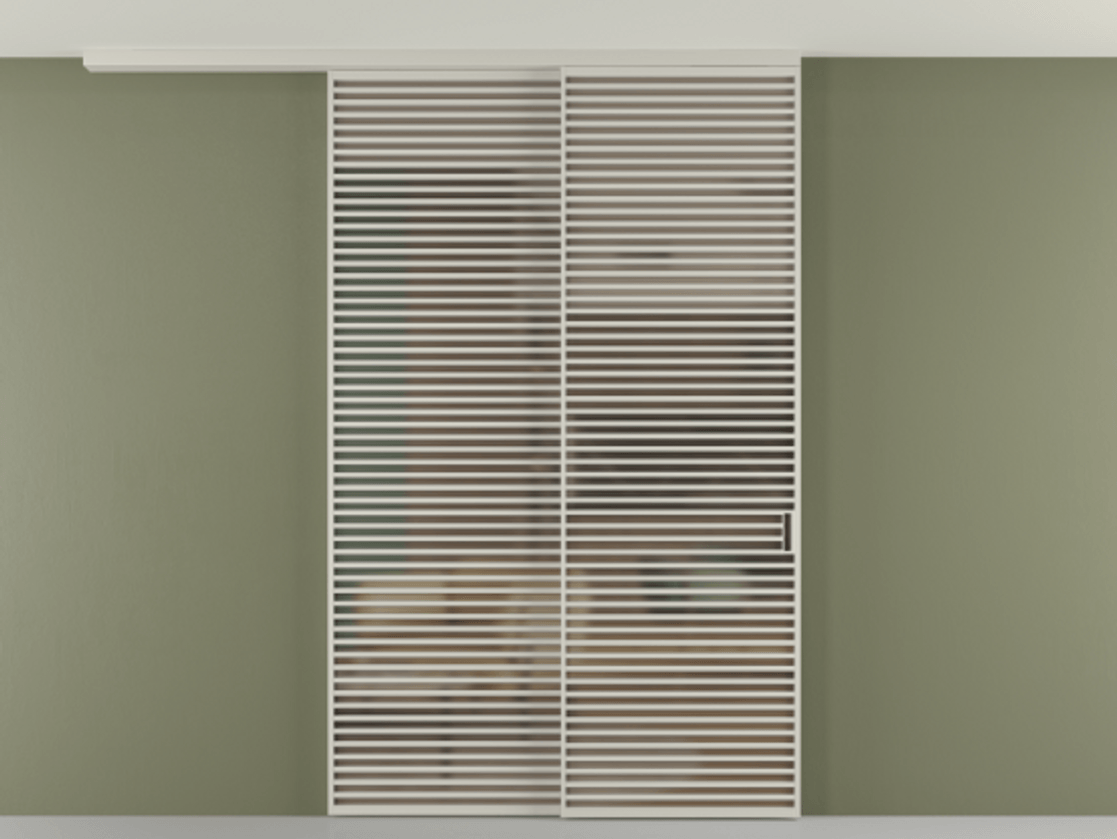 Перегородка Формато вдоль стены на потолок 2 створки с синхронным механизмом АЛПР 040.07 Алюминий тёплый серый Сатинированное бронзовое стекло, триплекс Цена 28160 Br | Volhovec