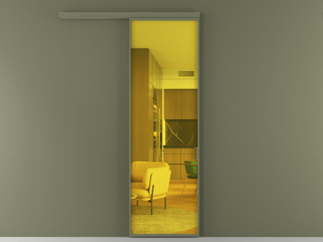 Перегородка Formato вдоль стены 1 створка АЛПР 040.01 Алюминий оливковый тёмный Прозрачное жёлтое стекло, триплекс Цена 5400 Br  | Volhovec