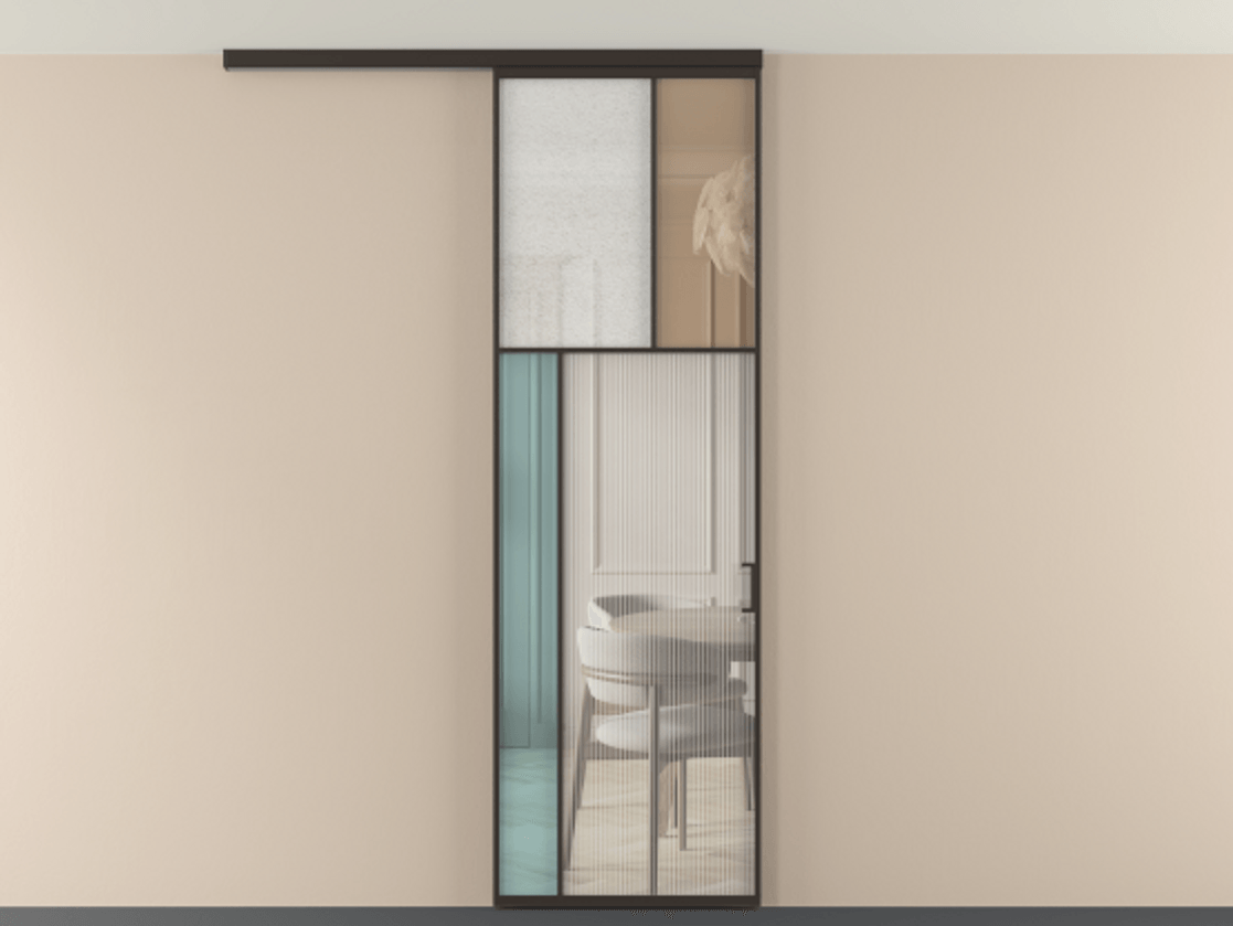 Перегородка Мозаик вдоль стены на потолок 1 створка АЛПР 041.22 Алюминий антрацит Комбинация стекол Группы 1 и Группы 3 Цена 7500 Br | Volhovec