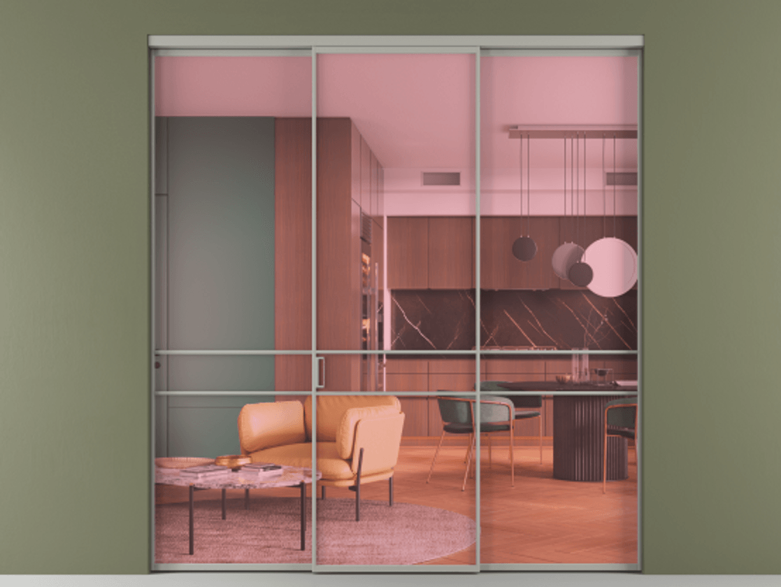 Перегородка Formato внутри проёма 3 створки АЛПР 040.02 Алюминий нейтральный серый Прозрачное розовое стекло, триплекс Цена 13300 Br | Volhovec