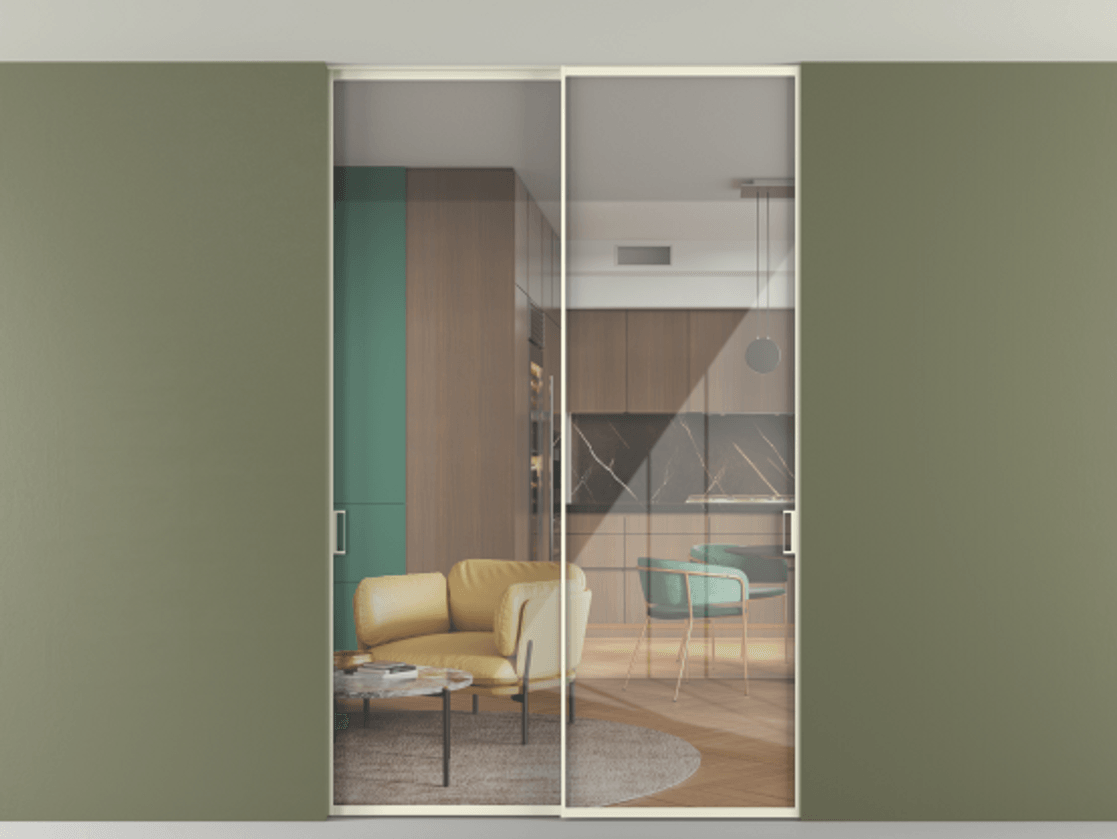 Перегородка Formato внутри проёма скрытое крепление в потолок 2 створки АЛПР 040.01 Алюминий молочно-белый Рефлективное прозрачное стекло "Stopsol", калёное Цена 15700 Br | Volhovec