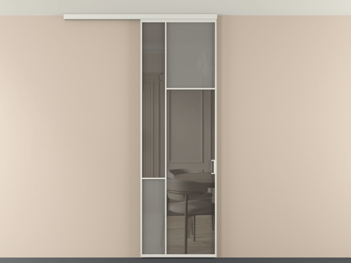 Перегородка Мозаик вдоль стены на потолок 1 створка АЛПР 041.11 Алюминий серый Сатинированное серое стекло, триплекс, 6 мм + Прозрачное серое стекло, триплекс Цена 7220 Br | Volhovec