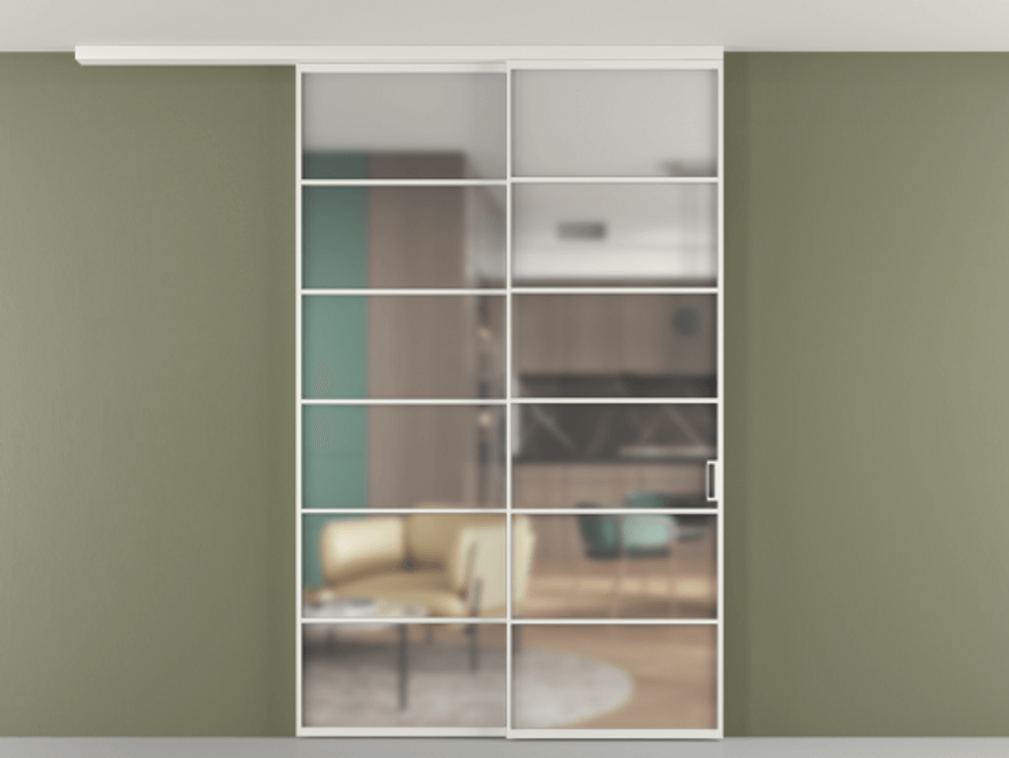 Перегородка Формато вдоль стены на потолок 2 створки с синхронным механизмом АЛПР 040.04 Алюминий светло-серый Сатинированное стекло "Мателюкс Кристал Вижн", калёное, матовое, каленое 6 мм Цена 18400 Br | Volhovec