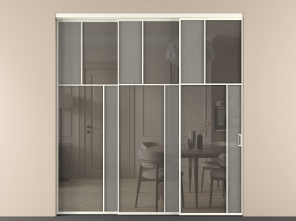 Перегородка Mosaic внутри проёма 3 створки с синхронным механизмом АЛПР 041.23 Алюминий жемчужный Сатинированное серое стекло, триплекс, 6 мм + Прозрачное серое стекло, триплекс Цена 23390 Br | Volhovec