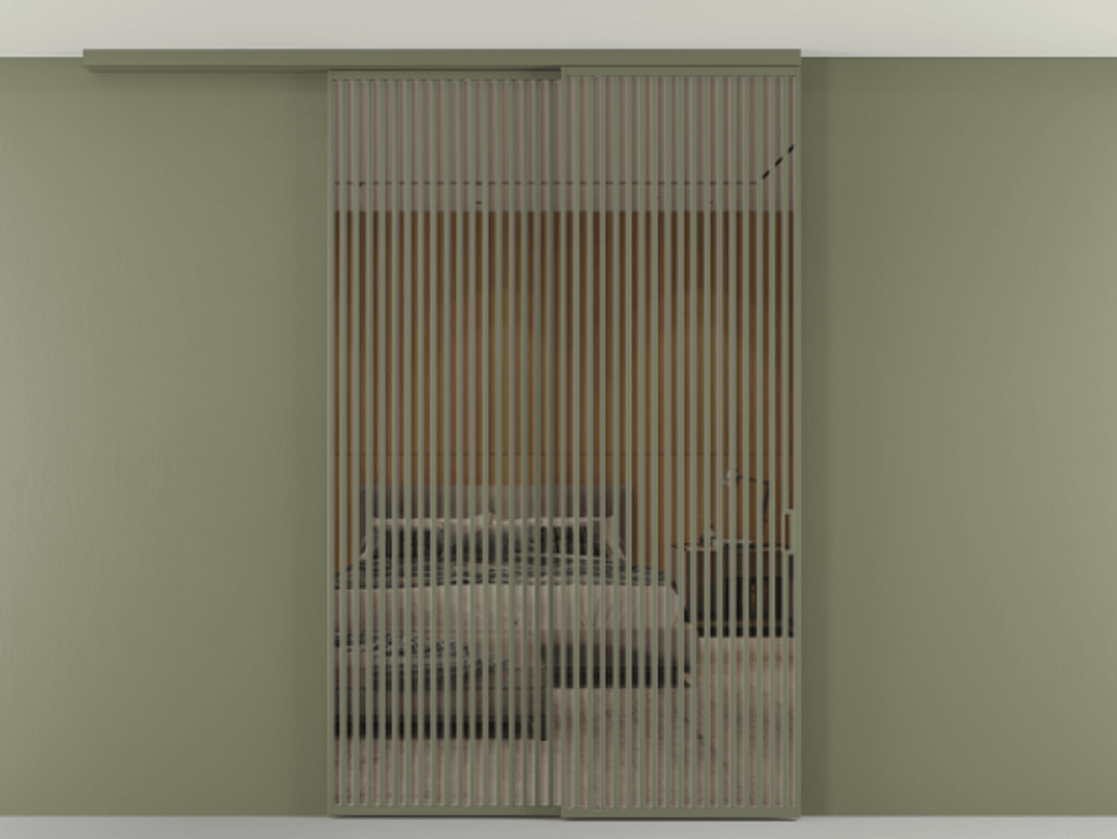 Перегородка Formato вдоль стены на потолок 2 створки с синхронным механизмом АЛПР 040.06 Алюминий оливковый тёмный Рефлективное бронзовое стекло "Стопсол", калёное Цена 29010 Br | Volhovec