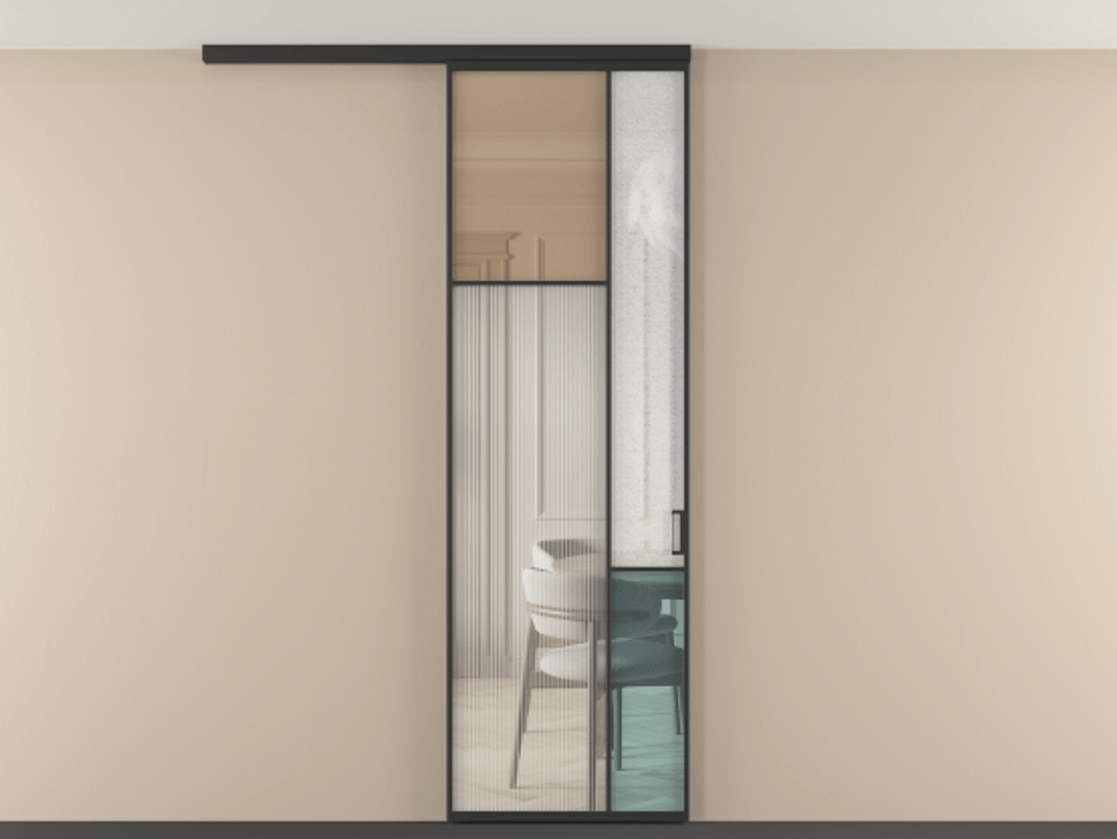 Перегородка Мозаик вдоль стены на потолок 1 створка АЛПР 041.10 Алюминий Черный Комбинация стекол Группы 1 и Группы 3 Цена 7200 Br | Volhovec