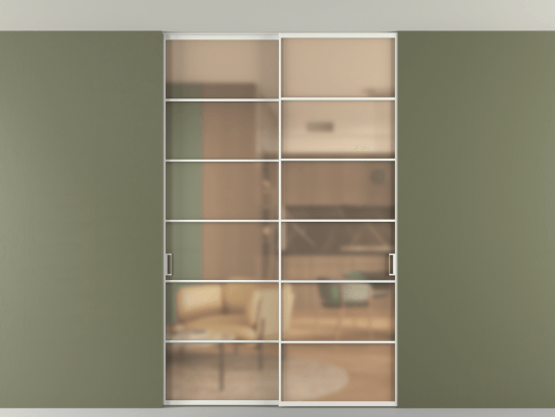 Перегородка Формато внутри проёма скрытое крепление в потолок 2 створки АЛПР 040.04 Алюминий светло-серый Сатинированное оранжевое стекло, триплекс Цена 14000 Br | Volhovec