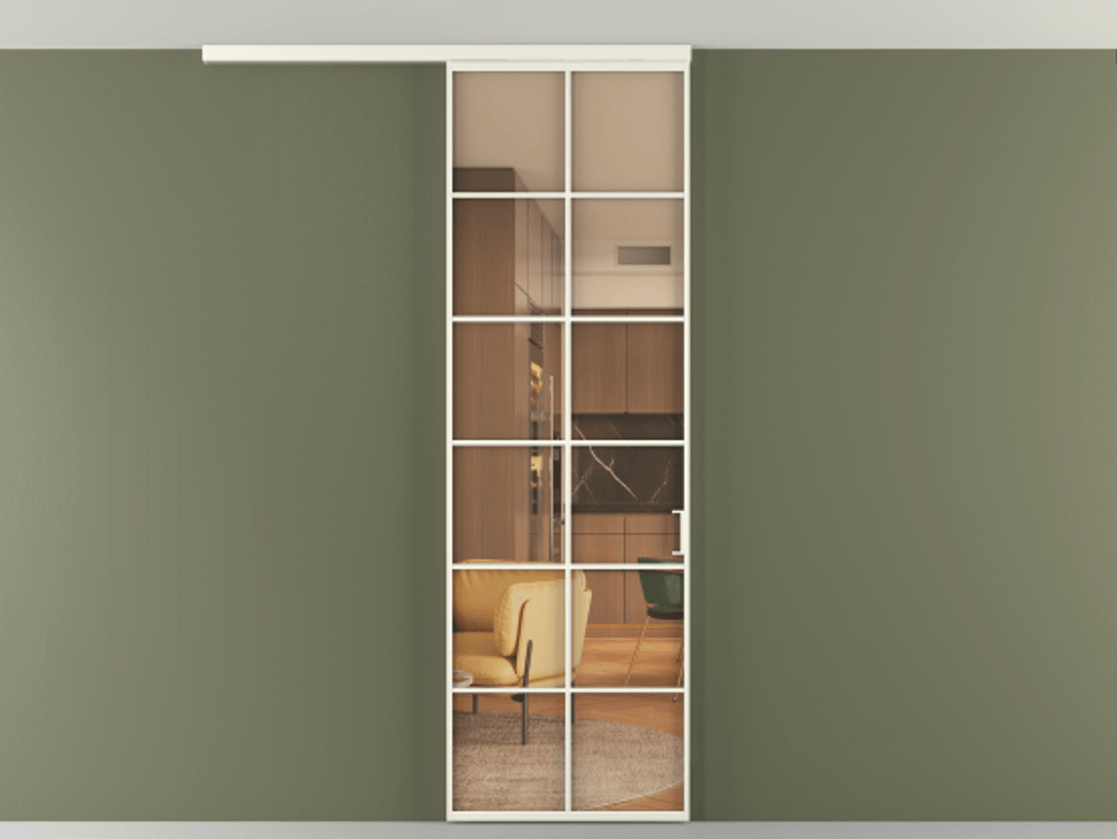 Перегородка Формато вдоль стены на потолок 1 створка АЛПР 040.05 Алюминий жемчужный Прозрачное оранжевое стекло, триплекс Цена 5500 Br | Volhovec