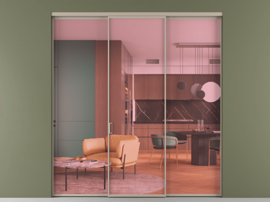 Перегородка Formato внутри проёма 3 створки АЛПР 040.01 Алюминий бисквитный Прозрачное розовое стекло, триплекс Цена 12000 Br | Volhovec