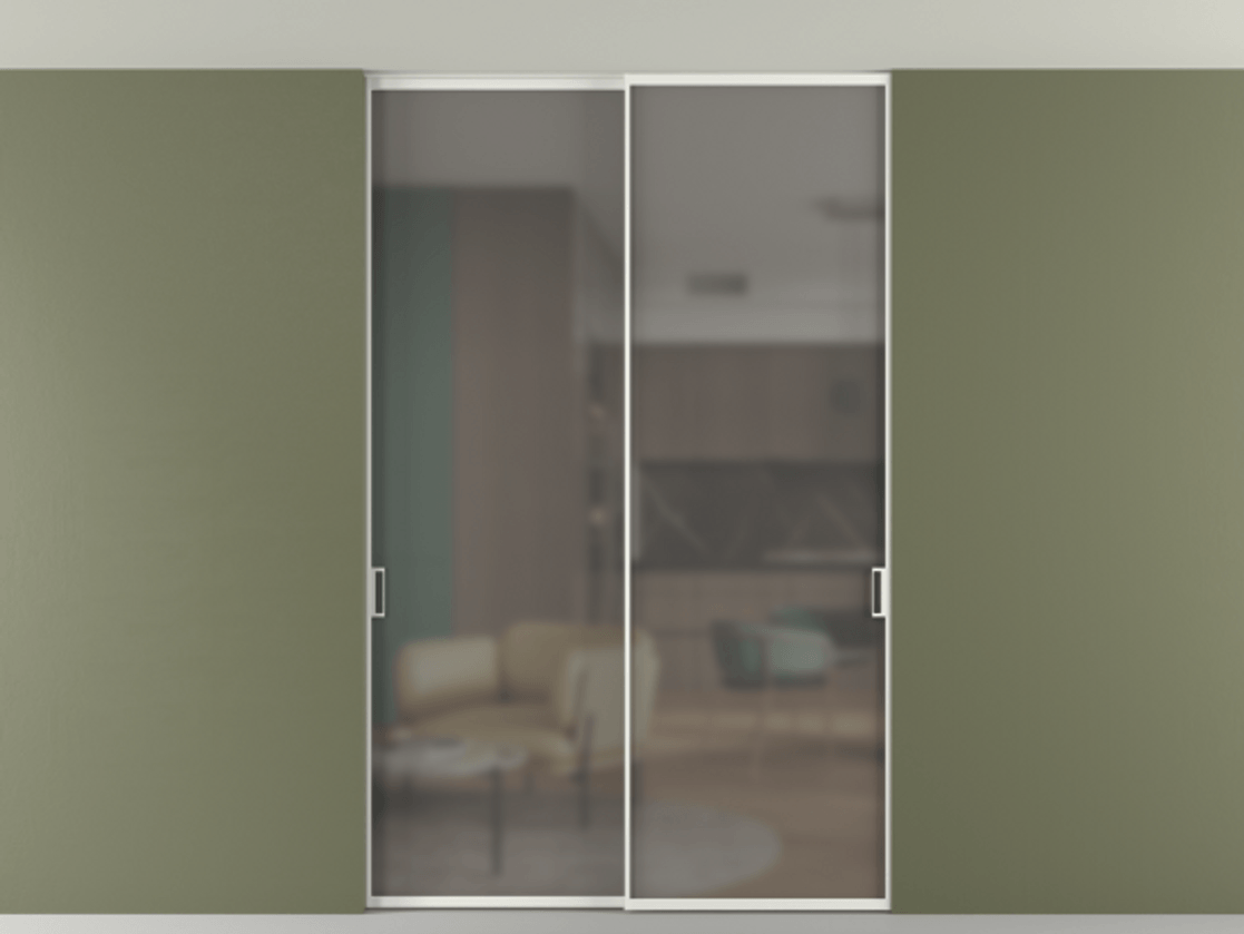 Перегородка Formato внутри проёма скрытое крепление в потолок 2 створки АЛПР 040.01 Алюминий светло-серый Сатинированное серое стекло, триплекс Цена 13200 Br | Volhovec