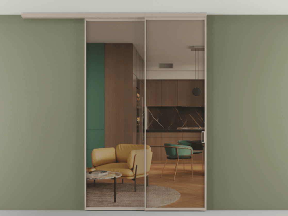 Перегородка Формато вдоль стены на потолок 2 створки с синхронным механизмом АЛПР 040.01 Алюминий бисквитный Прозрачное бронзовое стекло, триплекс. Цена 14930 Br 1. Полотно 2 шт. (800/2100 мм)
2. Комплект установки раздвижной системы
3. Базовый комплект фурнитуры
4.Ручка Рондо. Фабрика дверей Волховец 8 (800) 551 43 19 Перегородка Формато вдоль стены на потолок 2 створки с синхронным механизмом АЛПР 040.01 Алюминий бисквитный Прозрачное бронзовое стекло, триплекс Цена 14930 Br | Volhovec