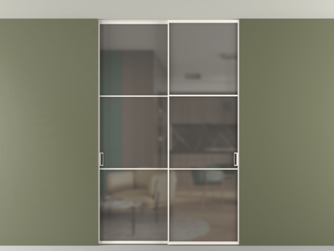 Перегородка Formato внутри проёма скрытое крепление в потолок 2 створки АЛПР 040.03 Алюминий пудровый белый Сатинированное серое стекло, триплекс Цена 13710 Br | Volhovec