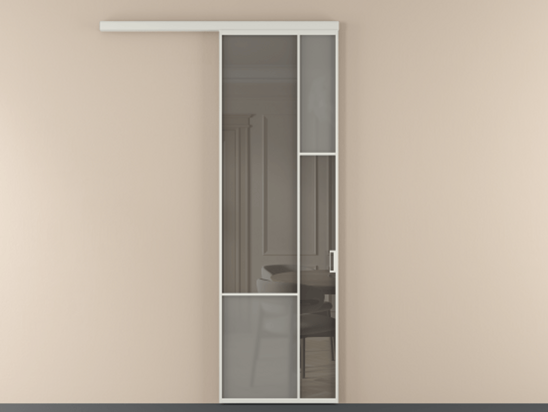 Перегородка Мозаик вдоль стены 1 створка АЛПР 041.12 Алюминий Белый Сатинированное серое стекло, триплекс, 6 мм + Прозрачное серое стекло, триплекс Цена 7030 Br | Volhovec