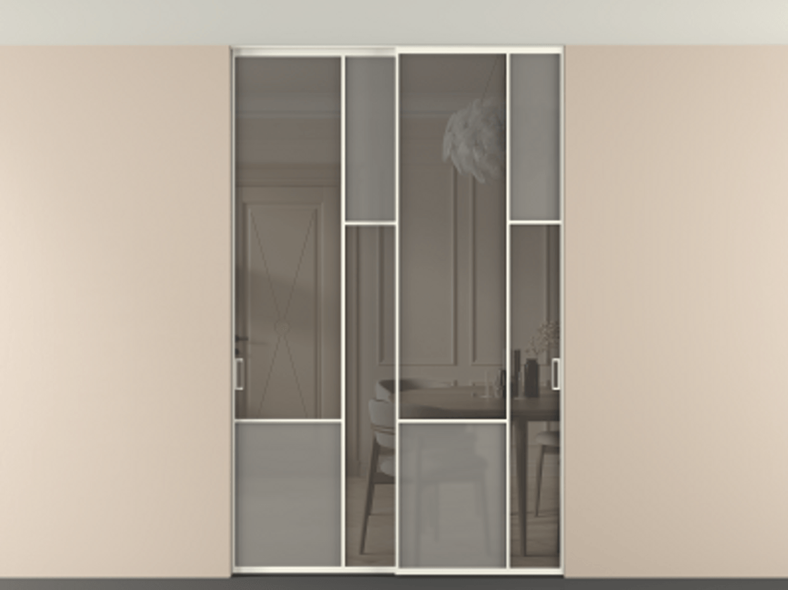 Перегородка Mosaic внутри проёма скрытое крепление в потолок 2 створки АЛПР 041.12 Алюминий жемчужный Сатинированное серое стекло, триплекс, 6 мм + Прозрачное серое стекло, триплекс Цена 17350 Br | Volhovec