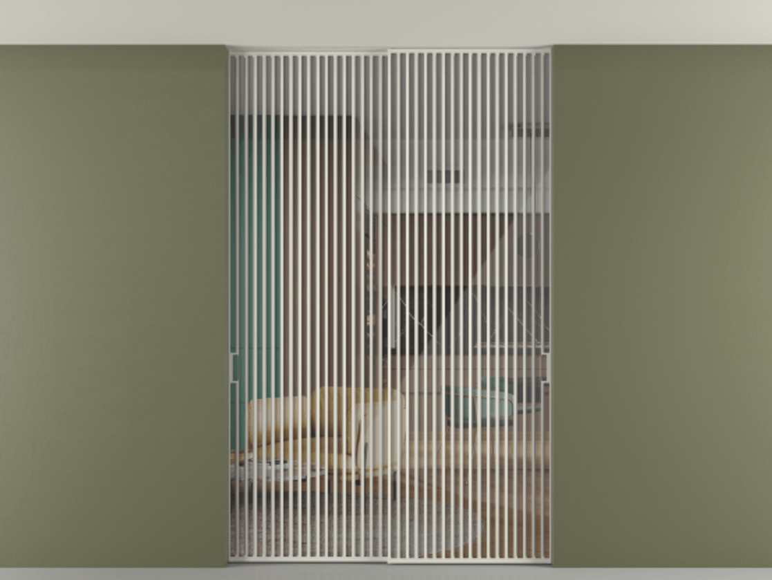 Перегородка Формато внутри проёма скрытое крепление в потолок 2 створки АЛПР 040.06 Алюминий Белый Рефлективное прозрачное стекло "Стопсол", калёное Цена 26890 Br | Volhovec