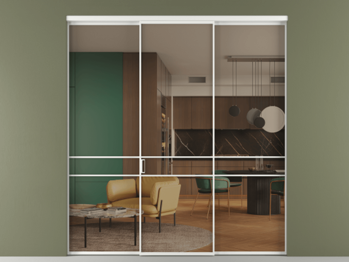 Перегородка Формато внутри проёма 3 створки АЛПР 040.02 Алюминий белоснежный Прозрачное бронзовое стекло, триплекс Цена 12690 Br | Volhovec