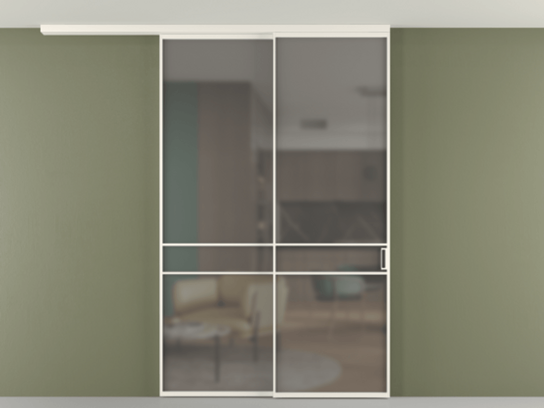 Перегородка Формато вдоль стены на потолок 2 створки с синхронным механизмом АЛПР 040.02 Алюминий пудровый белый Сатинированное серое стекло, триплекс Цена 16630 Br | Volhovec