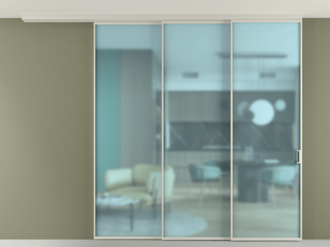 Перегородка Формато вдоль стены на потолок 3 створки с синхронным механизмом АЛПР 040.01 Алюминий тёплый серый Сатинированное голубое стекло, триплекс Цена 19800 Br | Volhovec